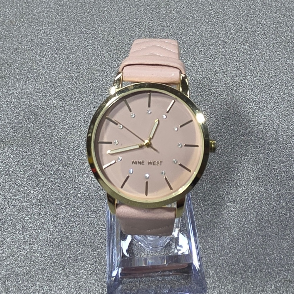 Nine West Watch Womens OS Pink Fair Quilted Strap Gold Tone Crystal Markers